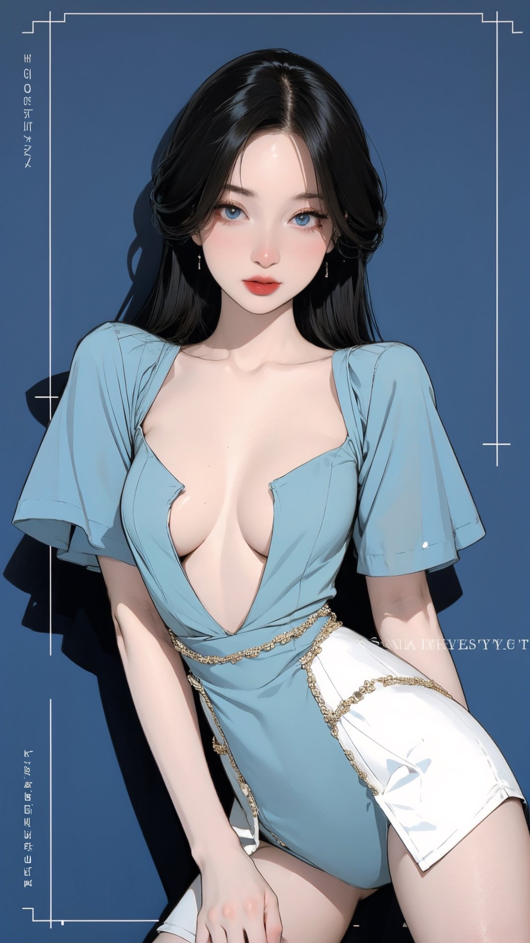 1girl, looking at viewer, thigh up body, stocking, earings, elegant and allure emotion, nsfw, blue background, hairstyle, styled clothes, cutout clothes, dynamic composition, ultra detailed, best quality, sharp focus, magazine cover, outline, 2D artstyle,aespakarina,htt