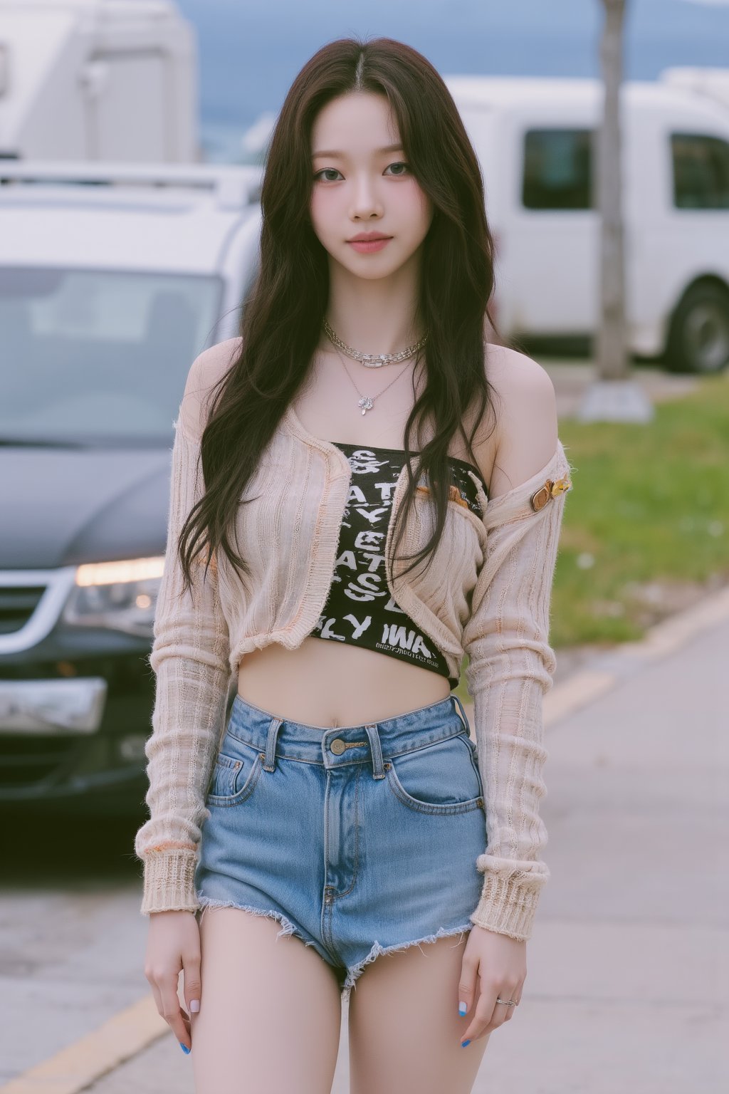 1girl, thigh up body, kpop idol, singer, croptop, miniskirt, standing, on street, detailed clothes, looking at viewer, ultra detailed, beautiful face, natural lighting, magazine cover, 2.5D artstyle, best quality, masterpiece, aespakarina, straight camera angle,