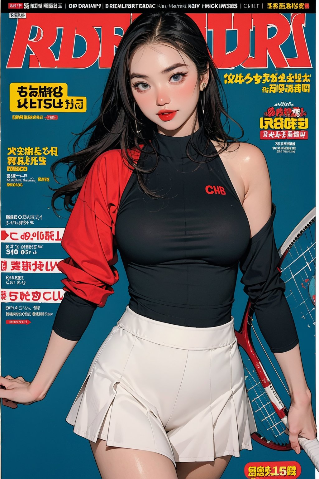 1girl, tennis girl outfit, thigh up body, standing, looking at viewer, detailed clothes, earrings, magazine cover, chimai