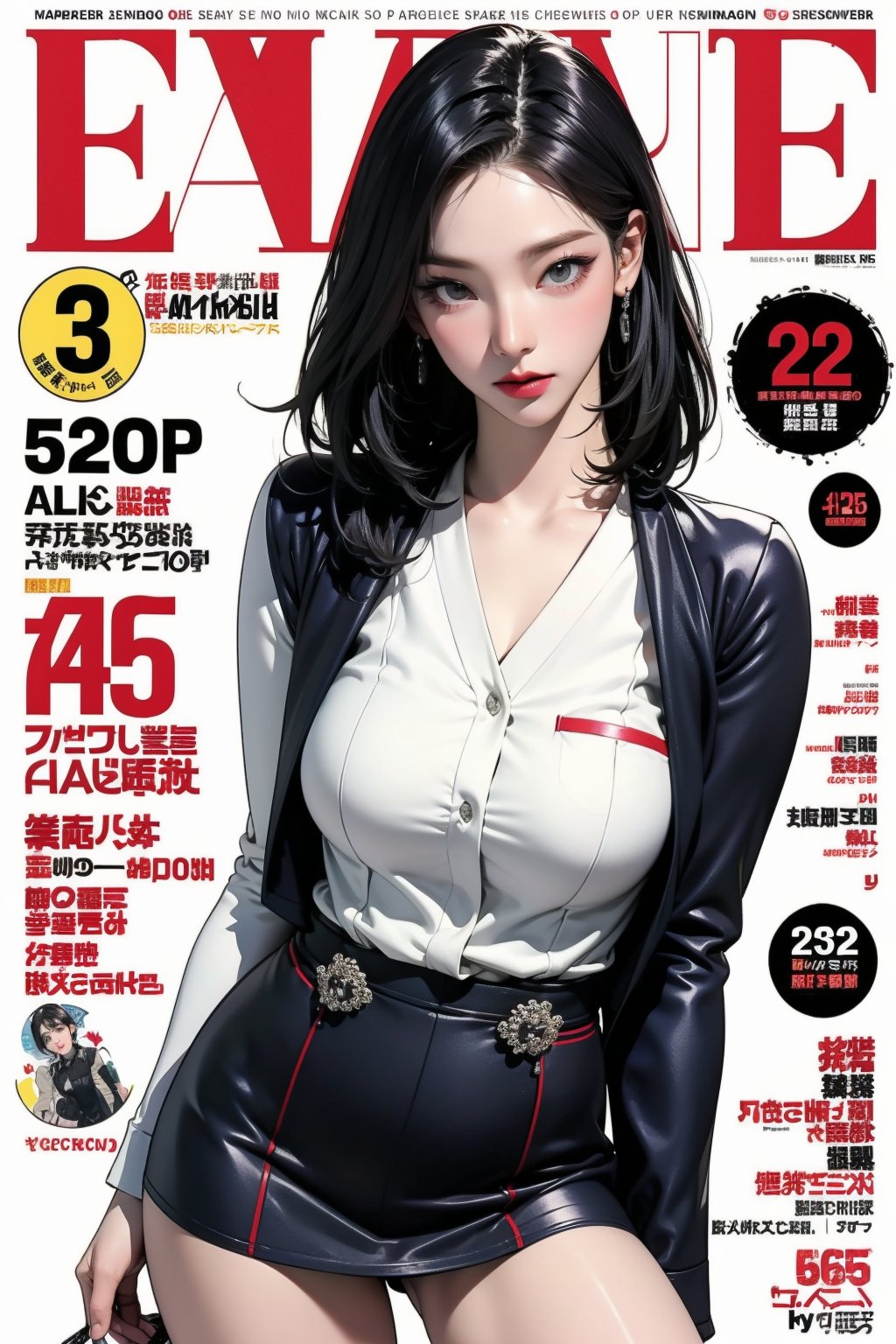 allure, 1girl, flight attendant, thigh up body, styled detailed clothes, looking at viewer, sharp focus, magazine cover, chimai,