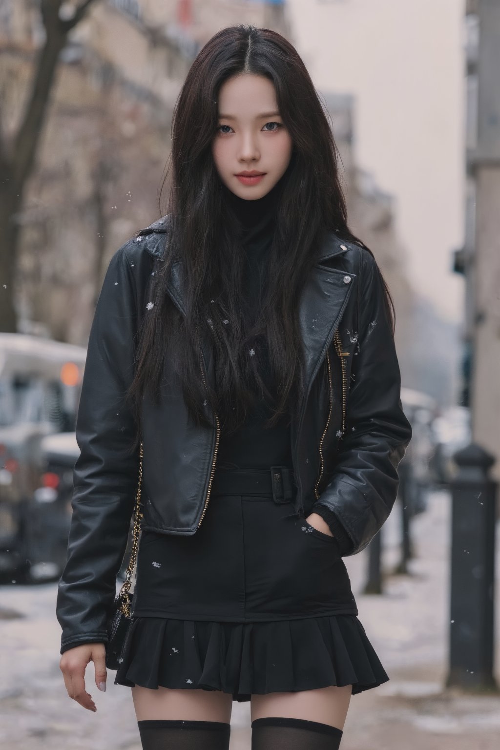 1girl, thigh up body, miniskirt, stocking, leather jacket, hairstyle, on paris street corner, winter, snowing, snow on hair, snow on clothes, looking at viewer, ultra detailed, beautiful face, natural lighting, 2D artstyle, best quality, masterpiece, aespakarina, straight camera angle, noise effect, blurring effect,