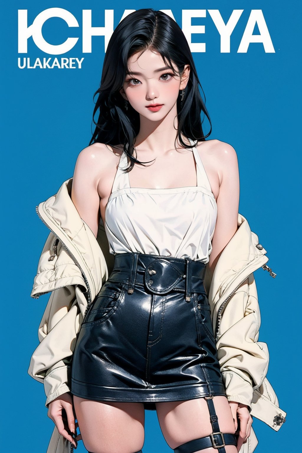 ((kpop idol girl, thigh strap, styled top, skirt,)) 1girl, thigh up, hairstyle, standing, looking at viewer, ultra detailed, profesional lighting, blue background, magazine cover

johyun, wyntracy, hine, hakil, htt, chimai, sim, yuong01, sana, QA, aespakarina, huondey,kn,jisoo,rosé