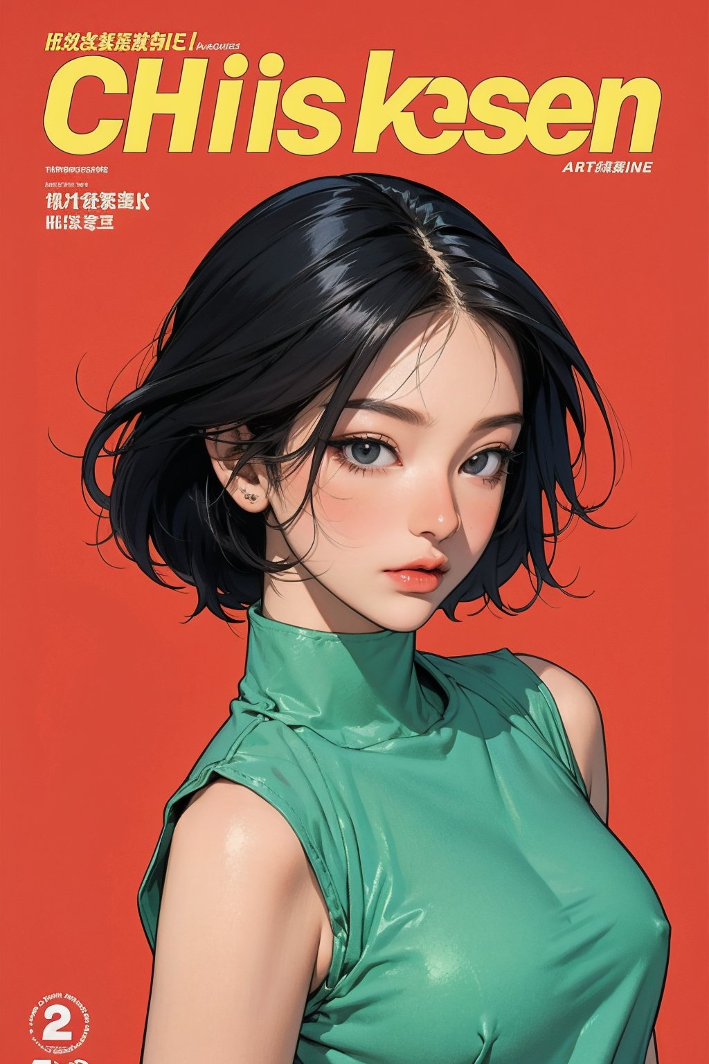 1girl, looking at viewer, styled clothes, turtle neck croptop, sleeveless, hairstyle, sharp focus, magazine cover, coloful background, 2D artstyle, outline, 

chimai,hine,hakil,yuong01,johyun