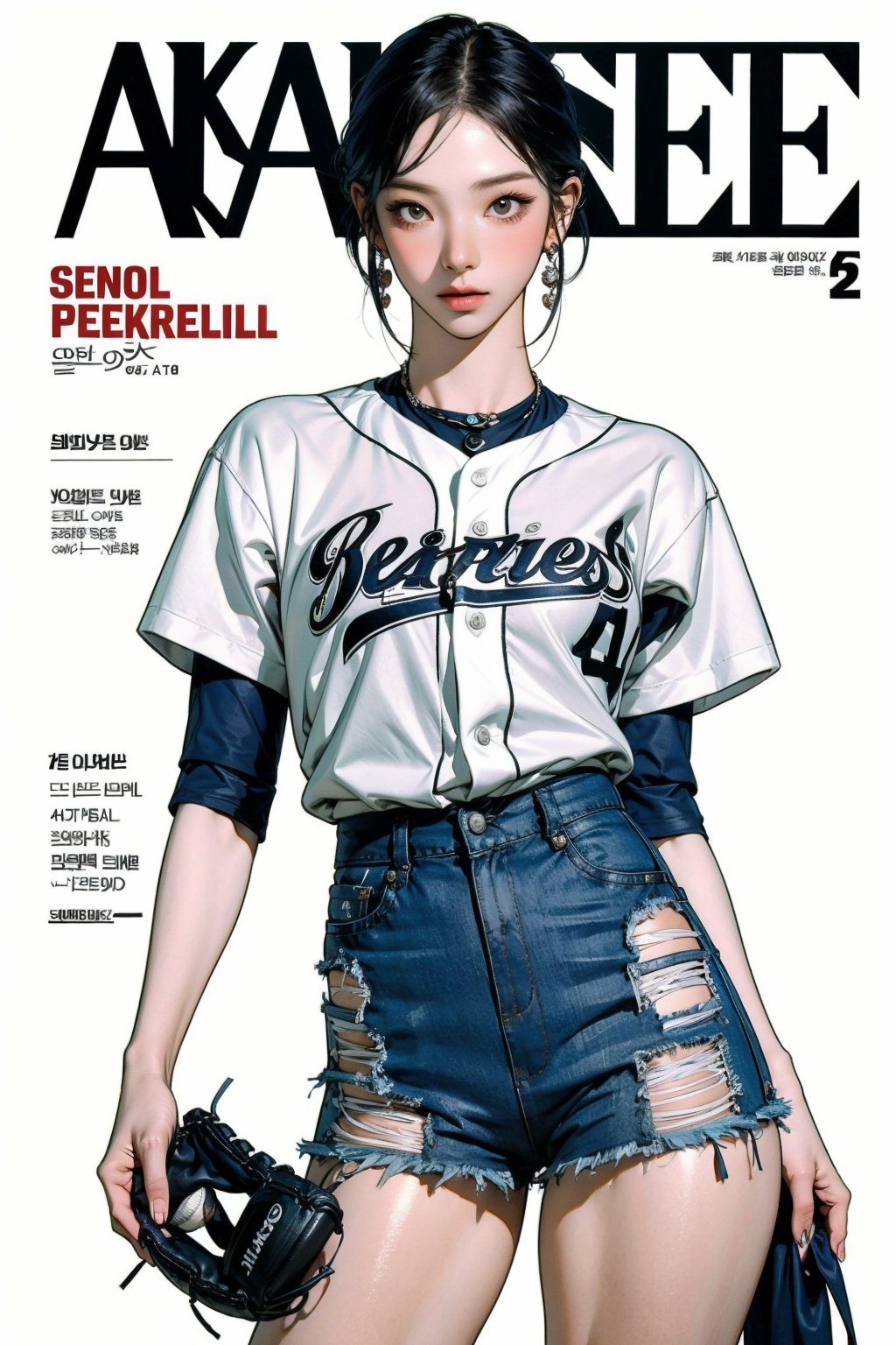 1girl, ((baseball girl outfit,)) thigh up, detailed clothes, earrings, looking at viewer, aespakarina, magazine cover,