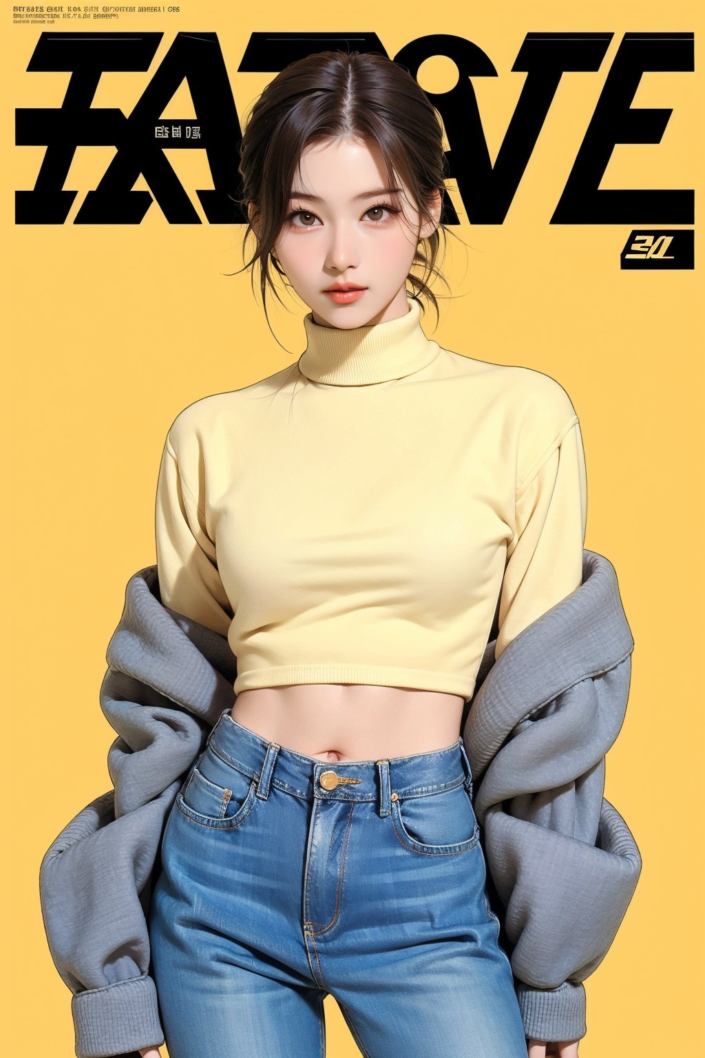 1girl, thigh up body, detailed clothes, kpop idol, hairstyle, turtle_neck_croptop, boyfriend_jeans, looking at viewer, sharp focus, magazine cover, yellow background, ((outline,)) chimai, aespakarina,sanatw