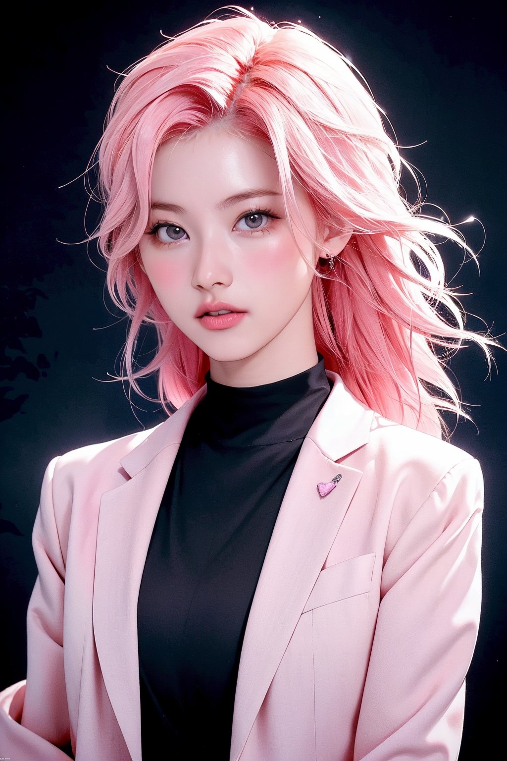 1girl, hip up, looking at viewer, pink hair, styled outfit, ultra detail, accurate color reproduction, black background, best quality, professionally color graded, wide angle, artwork, blurring effect, professional lighting, cinematic, sanatw