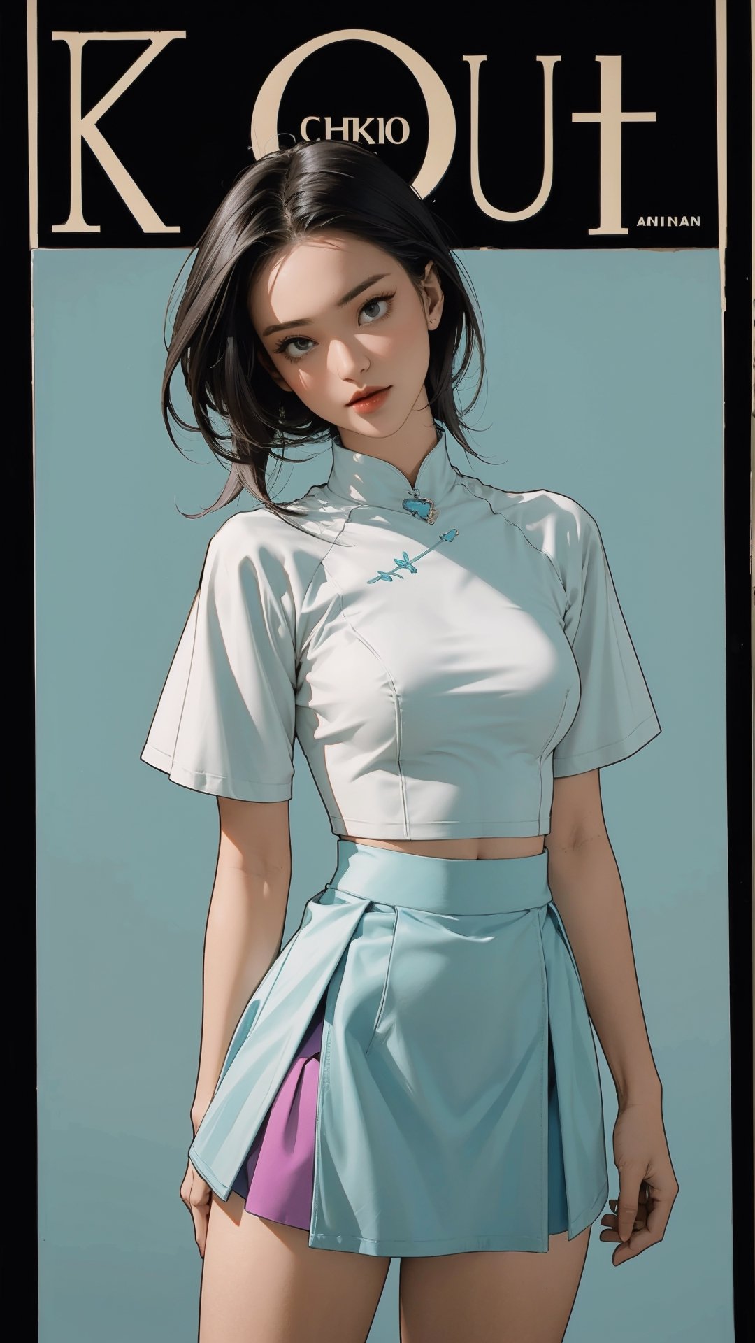 1girl, looking at viewer, thigh up body, sexy and elegant, cyan background, hairstyle, dynamic composition, styled clothes, cutout clothing, ((shirt, miniskirt,)) ultra detailed, best quality, sharp focus, aespakarina, magazine cover, outline, 2D art, chimai,htt,sim,huondey,kn