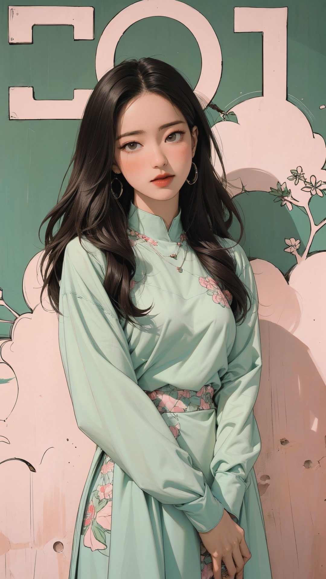 1girl, standing, thigh up body, ((looking at viewer, tennis girl outfit,)) 2D artstyle, magazine cover, outline, earings, blush, green background, hairstyle, ultra detailed, best quality, sharp focus,rosé,jisoo,shuhua,kn