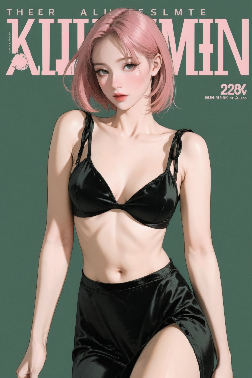 lustful, allure, sexy, sport_girl, 1girl, pink hair, thigh up body, looking at viewer, translucent, intricate clothes, cutout clothes, cinematic lighting, different hairstyle, magazine cover, green background,  kmiu