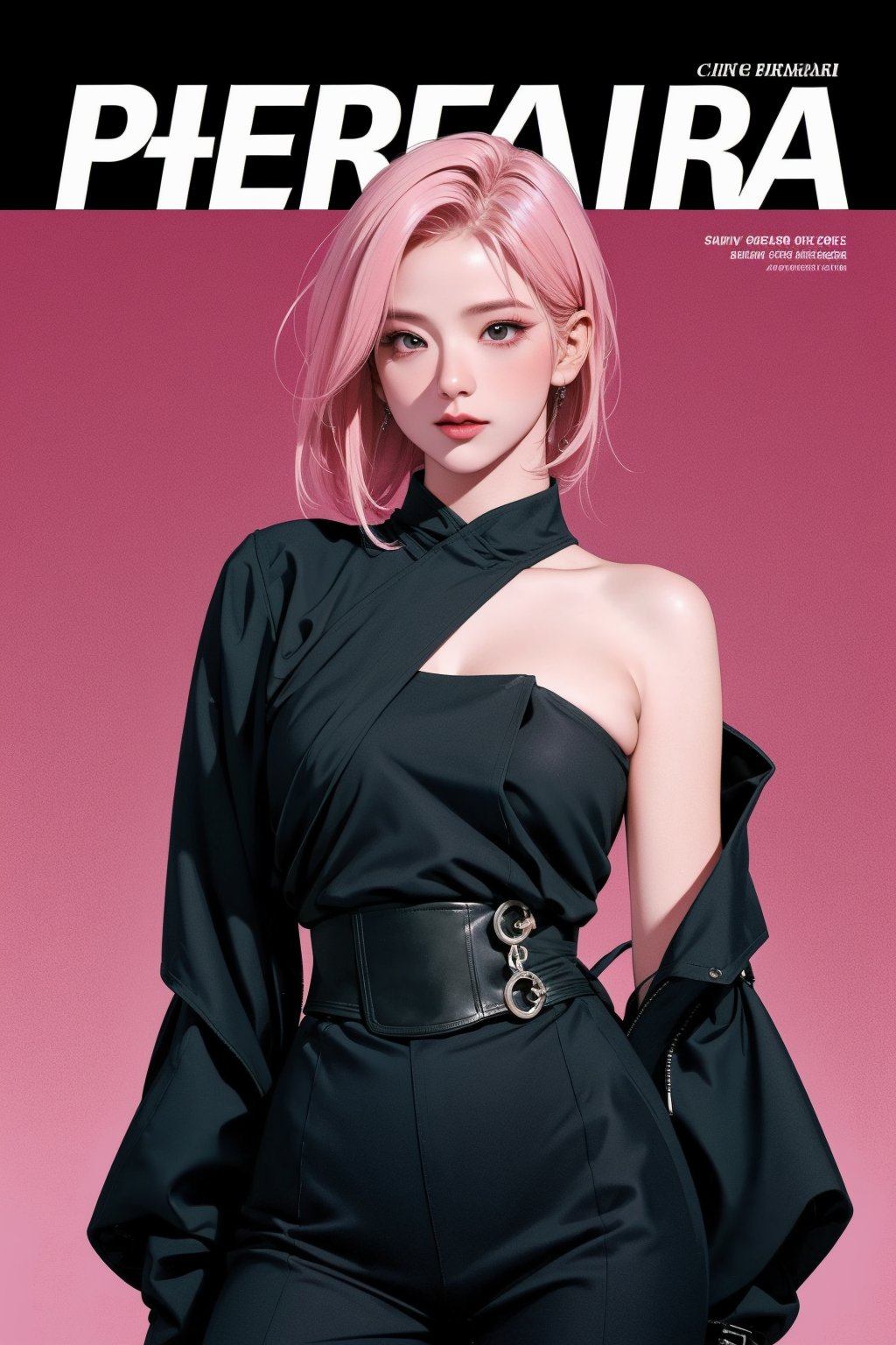 1girl, thigh up body, standing, looking at viewer, pink hair, styled clothes, ultra detail, accurate color reproduction, black background, best quality, professionally color graded, artwork, blurring effect, professional lighting, sanatw, magazine cover,sim,chimai,aespakarina,jisoo