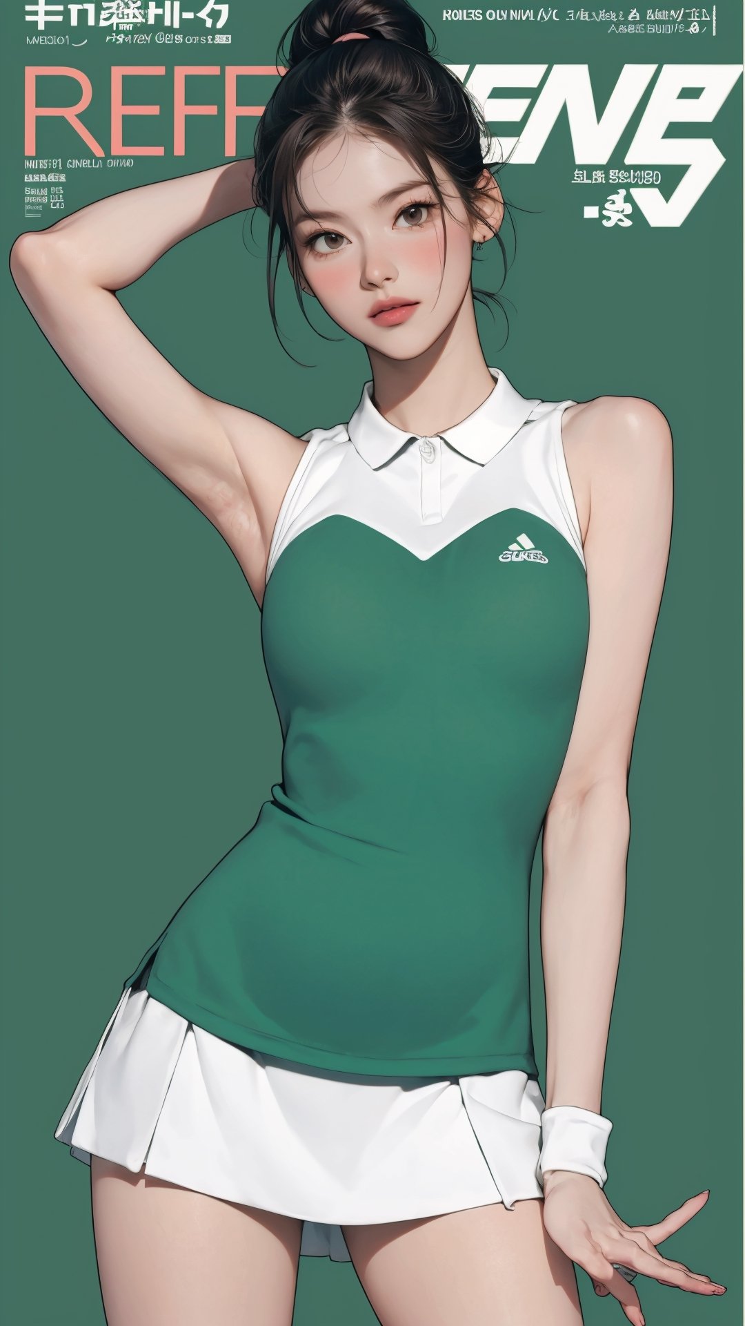 1girl, standing, thigh up body, ((looking at viewer, tennis girl outfit, center opening,)) 2D artstyle, magazine cover, outline, earings, blush, green background, hairstyle, ultra detailed, best quality, sharp focus, ,DiaSondef,sophiesw,Mia ,Anna ,mthanhh,minatw,momo,sanatw