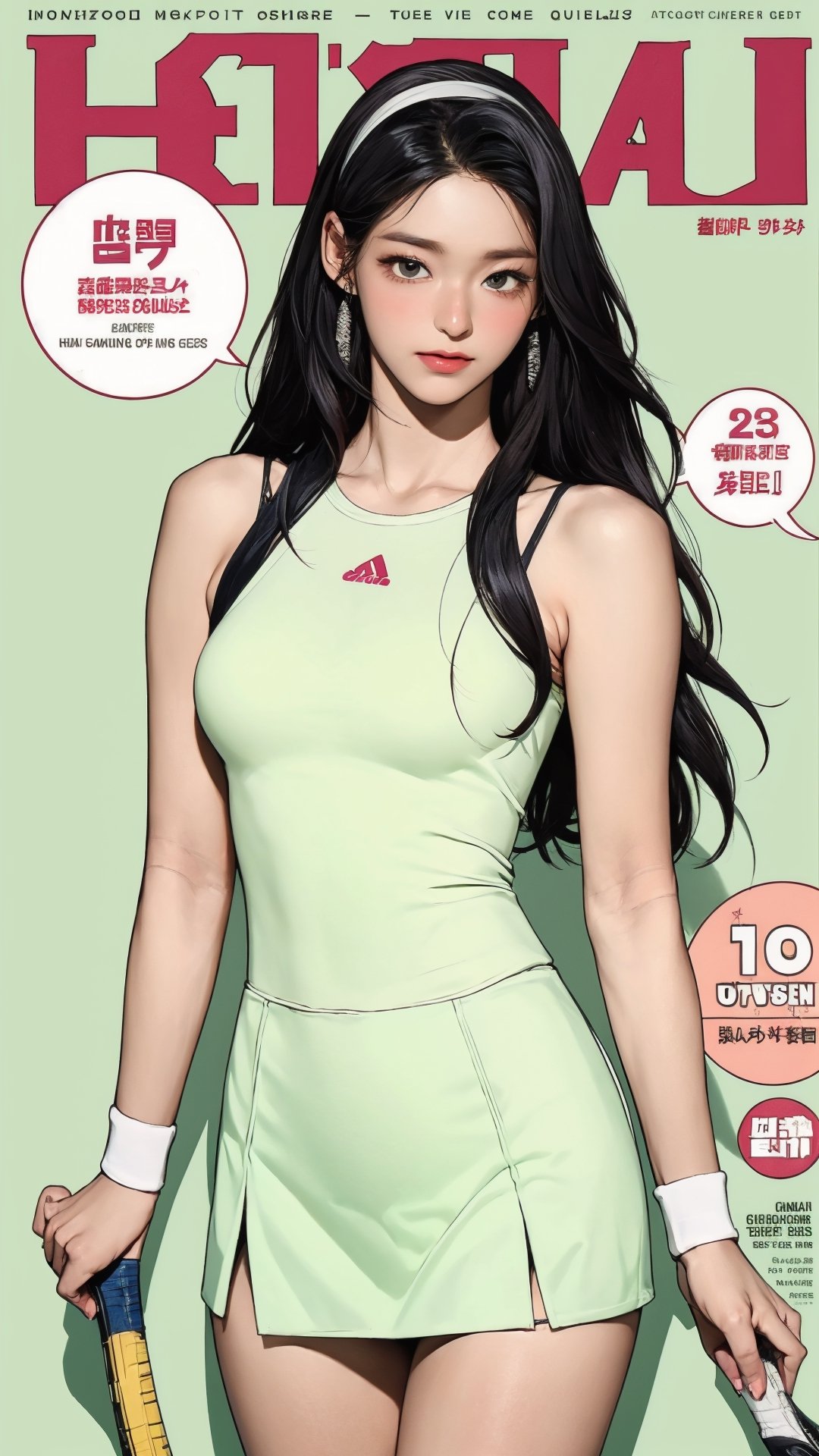 1girl, standing, thigh up body, hairband, ((looking at viewer, tennis girl outfit,)) 2D artstyle, magazine cover, outline, earings, blush, green background, hairstyle, ultra detailed, best quality, sharp focus, kmiu,sim,haohaoulz,aespawinter,huondey,seolhuyn