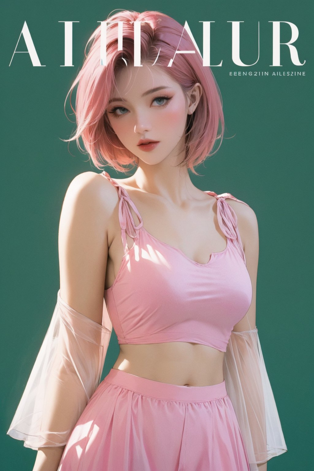 lustful, allure, sexy, ((sport_girl outfit)), 1girl, pink hair, thigh up body, looking at viewer, translucent, intricate clothes, cutout clothes, cinematic lighting, different hairstyle, magazine cover, green background,  kmiu