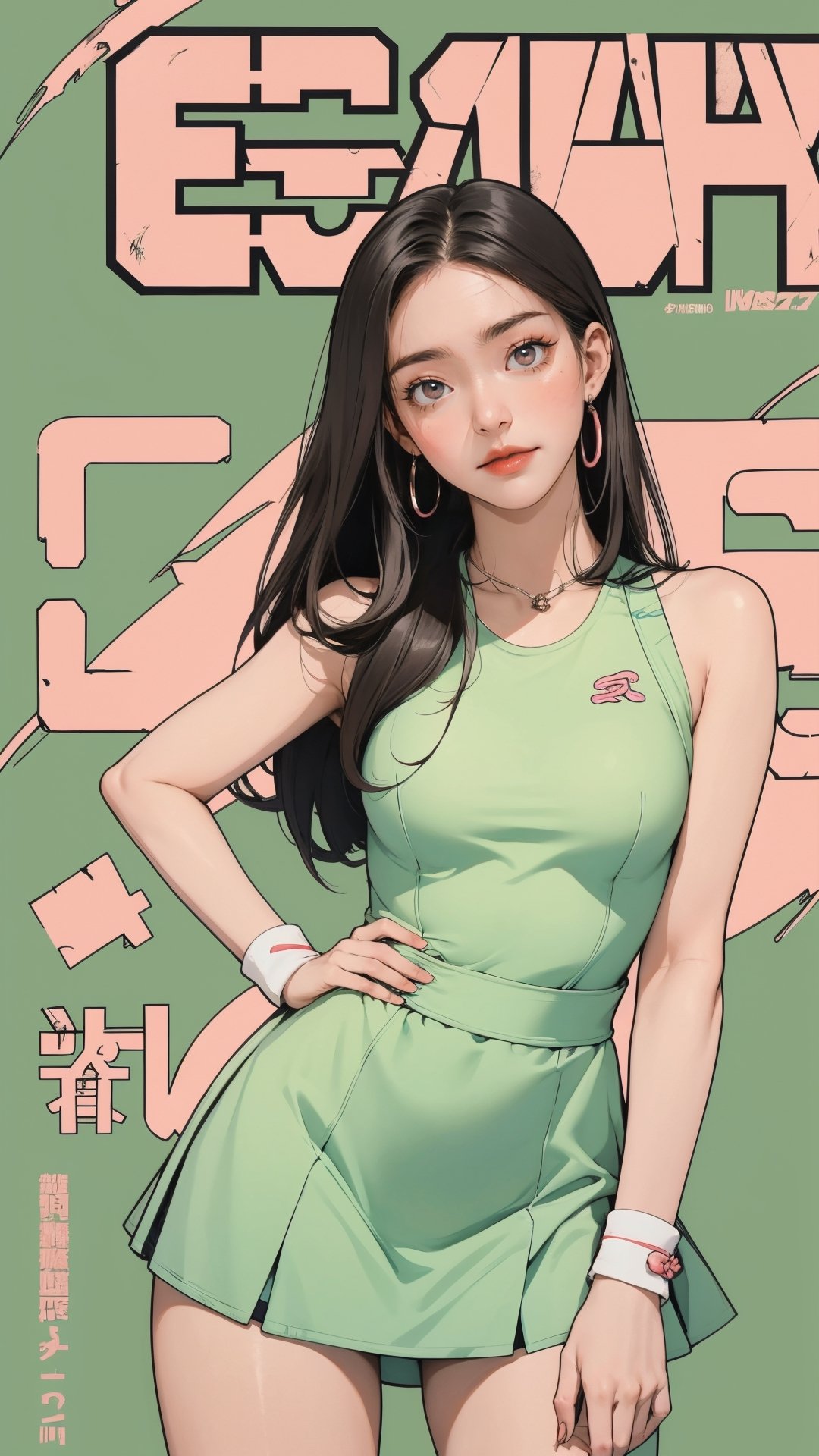 1girl, standing, thigh up body, ((looking at viewer, tennis girl outfit,)) 2D artstyle, magazine cover, outline, earings, blush, green background, hairstyle, ultra detailed, best quality, sharp focus,rosé,jisoo,shuhua,kn