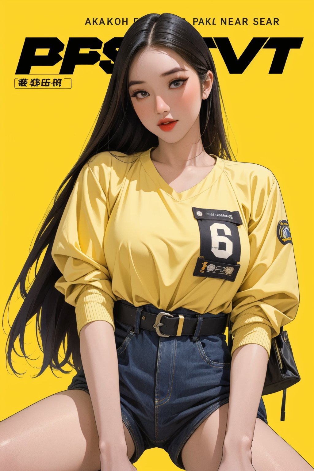 1girl, thigh up, looking at viewer, detailed clothes, baseball girl outfit, accurate color reproduction, best quality, professionally color graded, artwork, blurring effect, professional lighting, sanatw, magazine cover, yellow background, jisoo,chimai,miyeon,aespakarina