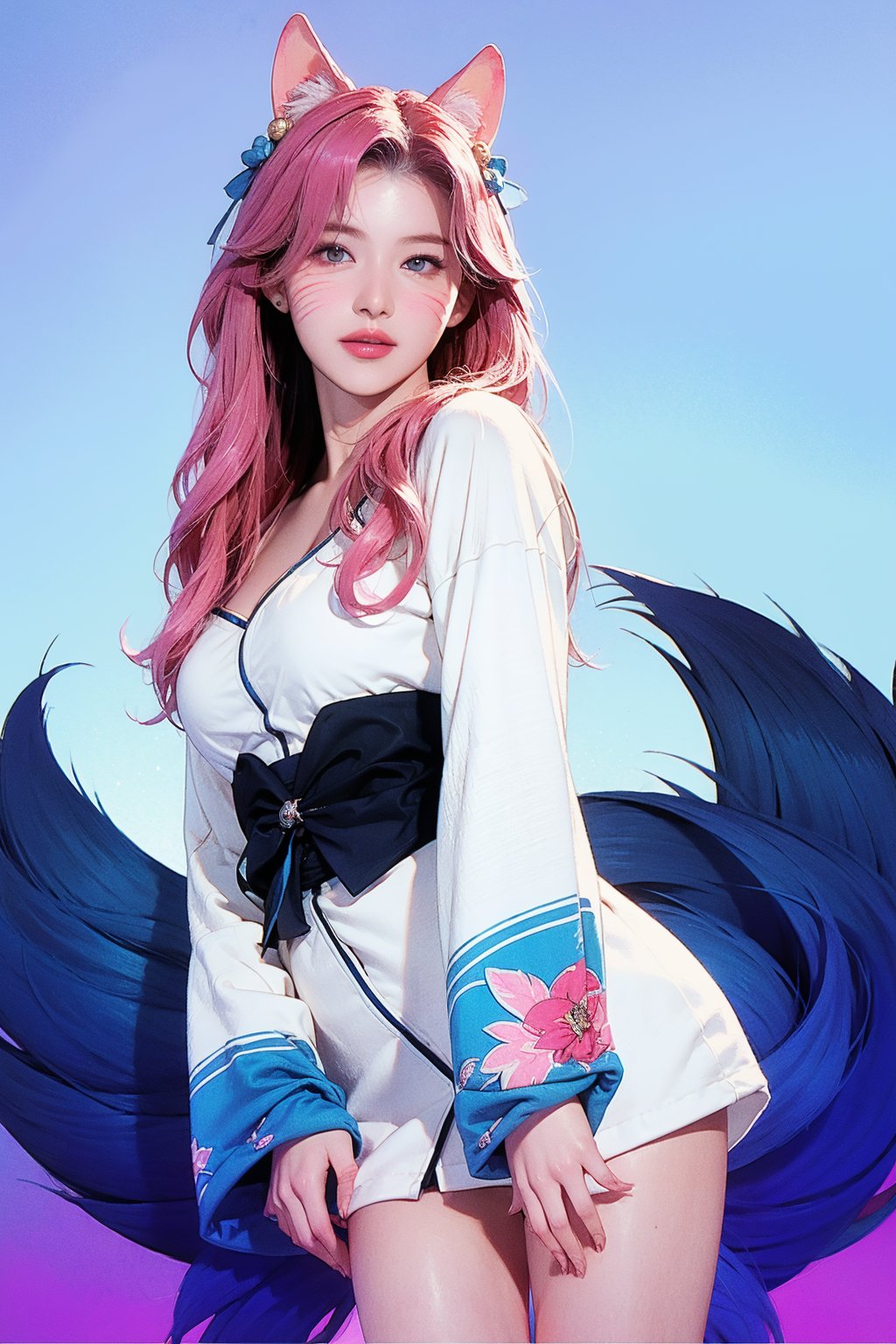 1girl, ((thigh up body, standing,)) looking at viewer, sanatw, magazine cover, cinematic angle, cinematic composition, blue background, ahri, pinkhair, foxtail, fox ears, korean clothes, facial mark,