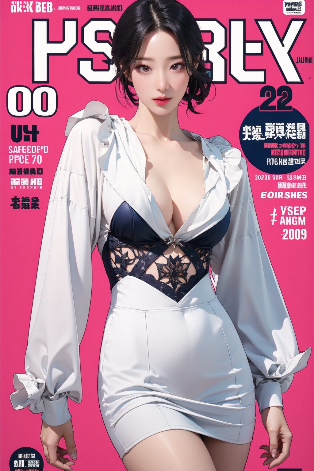 1girl, thigh up body, looking at viewer, intricate clothes, professional lighting, different hairstyle, coloful, magazine cover, light theme, johyun