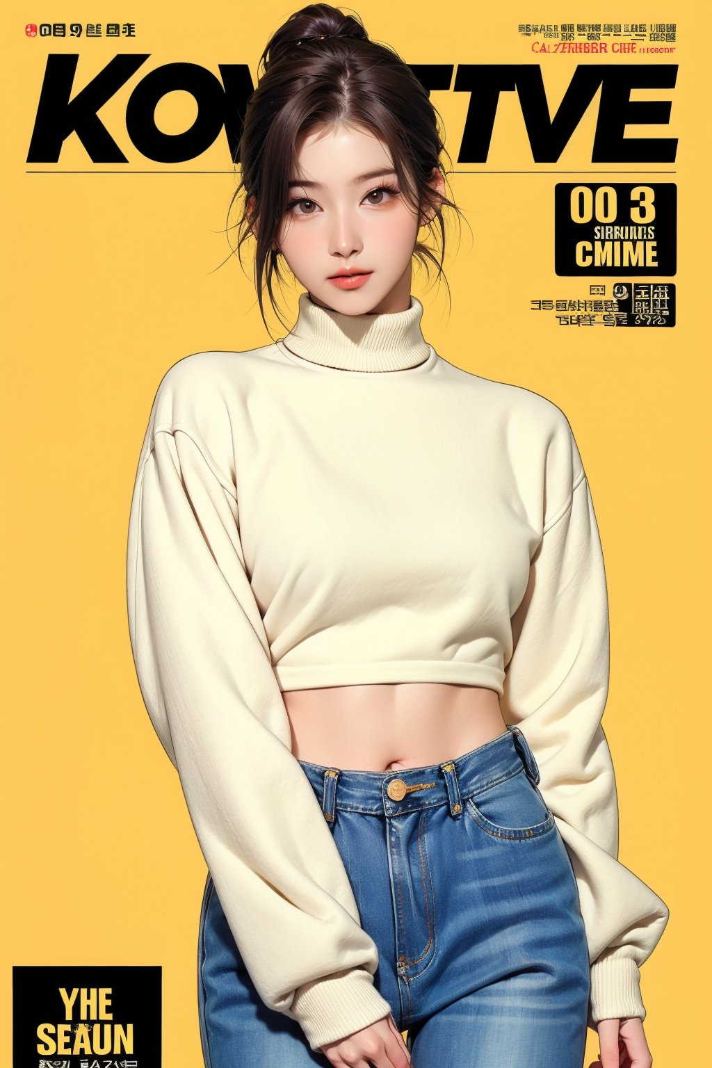 1girl, thigh up body, detailed clothes, kpop idol, turtle_neck_croptop, long_wide_sleeves_loose_jeans, looking at viewer, sharp focus, magazine cover, yellow background, ((outline,)) chimai, aespakarina,sanatw