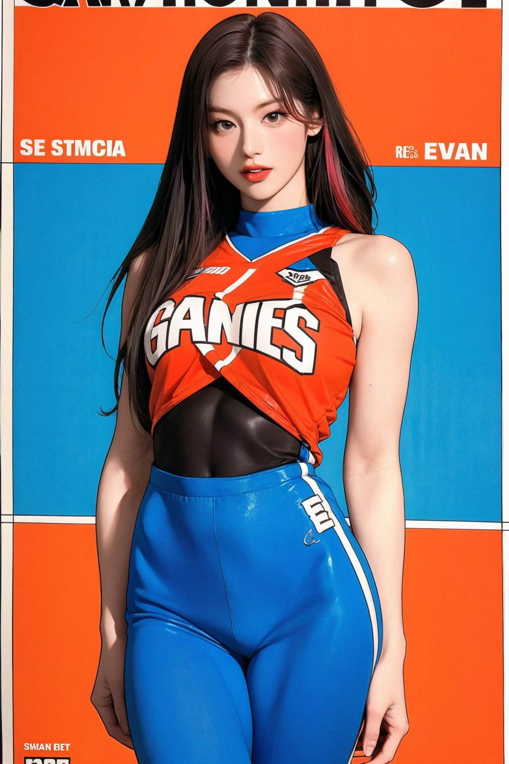 A stunning athlete strikes a pose on the cover of Santaw magazine, her gaze directly engaging with the viewer. The camera captures her in a dramatic, diagonal composition, with her thigh-high body suit showcasing her toned physique. Her basketball-inspired outfit features bold, graphic patterns and vibrant colors, drawing attention to her confident expression. The overall effect is dynamic, energetic, and irresistible.