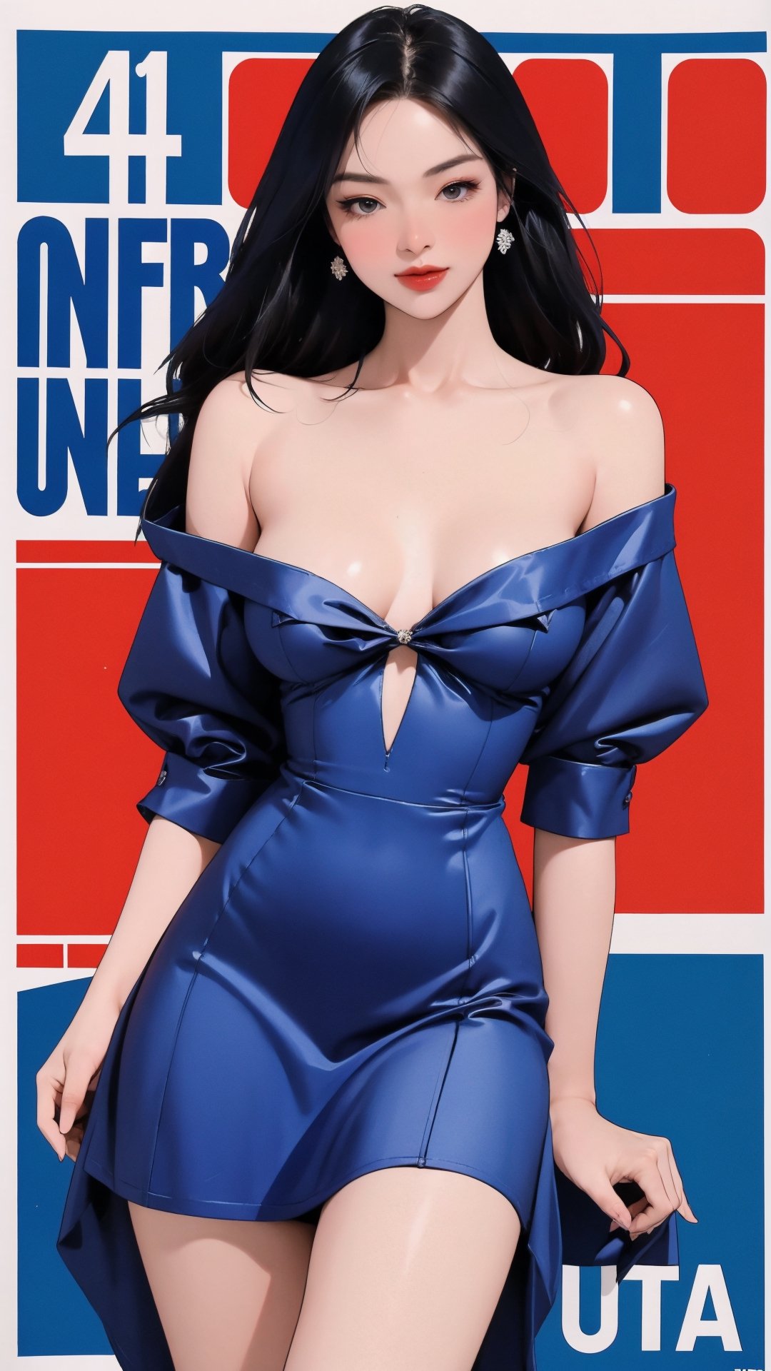 1girl, looking at viewer, thigh up body, stocking, earings, elegant, allure emotion, nsfw, blue background, hairstyle, styled clothes, cutout clothes, dynamic composition, ultra detailed, best quality, sharp focus, magazine cover, outline, 2D artstyle,aespakarina,htt,sim