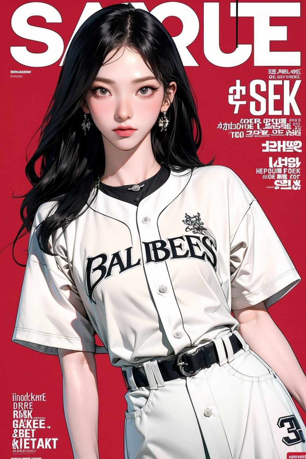 1girl, ((baseball girl outfit,)) hip up, detailed clothes, earrings, looking at viewer, aespakarina, magazine cover,