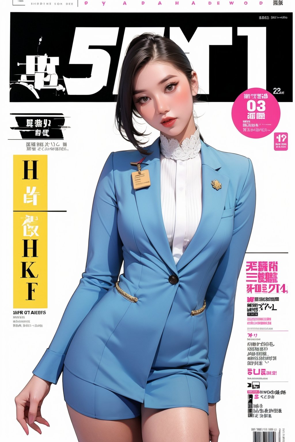 1girl, flight attendant, thigh up body, styled detailed clothes, looking at viewer, sharp focus, magazine cover, chimai,