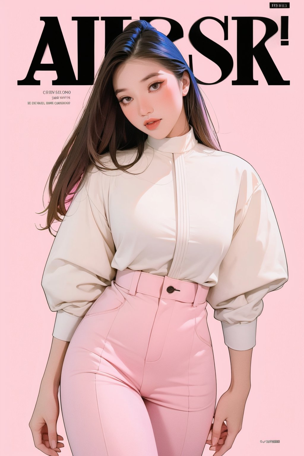 1girl, thigh up, looking at viewer, detailed clothes, accurate color reproduction, best quality, professionally color graded, artwork, blurring effect, professional lighting, sanatw, magazine cover, pink background, jisoo,chimai