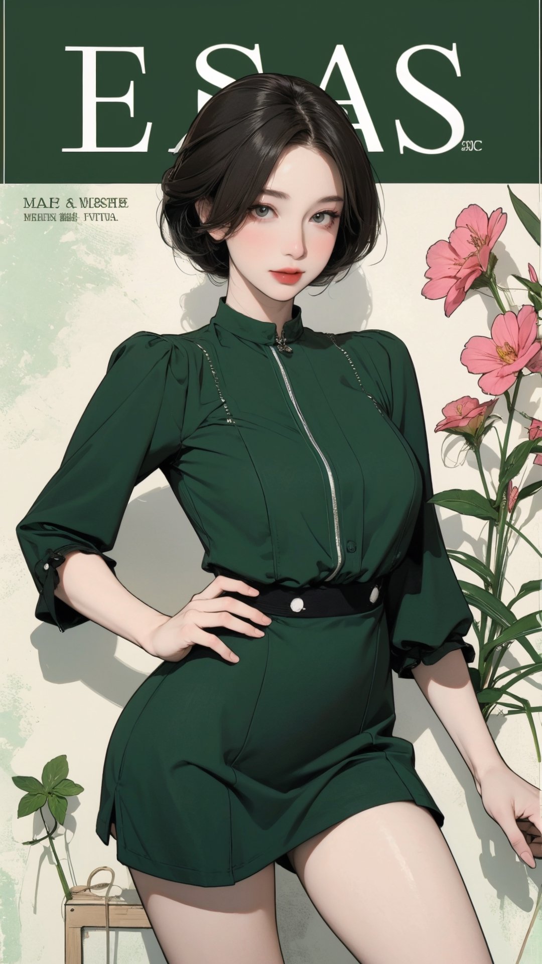 1girl, looking at viewer, thigh up body, sexy and elegant, green background, cutout clothing, hairstyle, cinematic composition, styled clothes,  ultra detailed, best quality, sharp focus, magazine cover, outline, 2D artstyle, htt