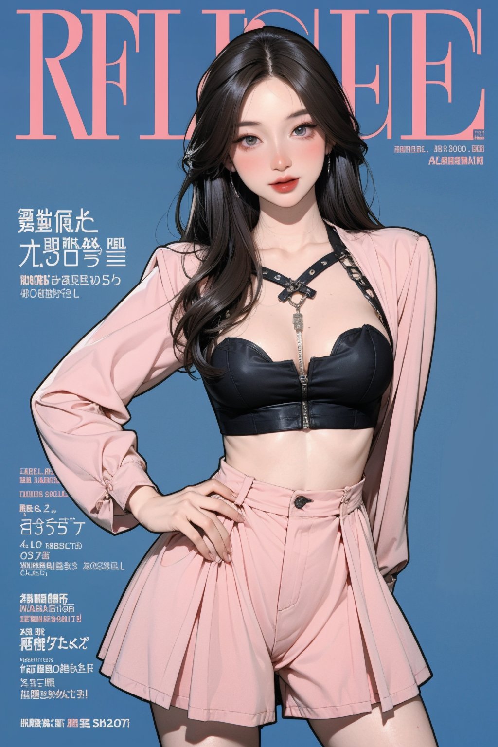 allure 1girl, blush, thigh up body, styled outfit, ((looking at viewer,)) earrings, magazine cover, blue background, hine, hakil, kmiu