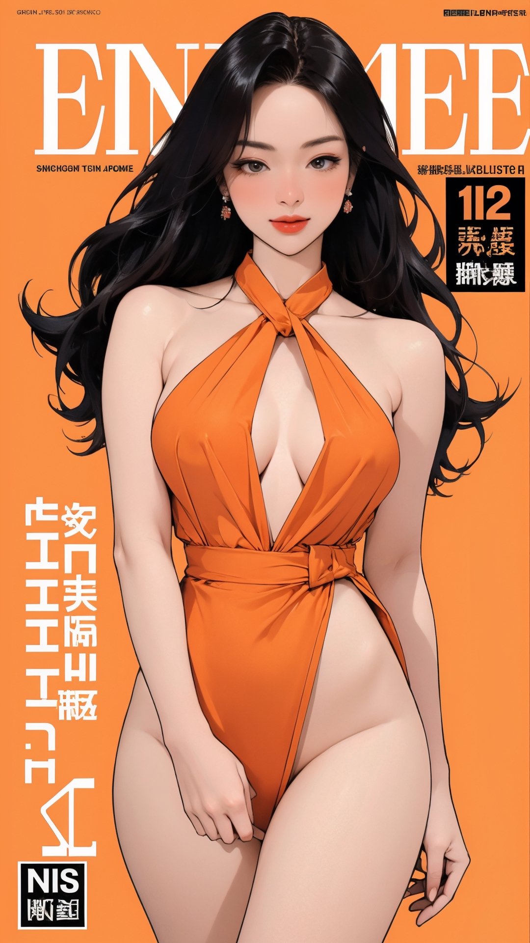 1girl, looking at viewer, thigh up body, stocking, earings, elegant, allure emotion, nsfw, orange background, hairstyle, styled clothes, cutout clothes, dynamic composition, ultra detailed, best quality, sharp focus, magazine cover, outline, 2D artstyle,aespakarina,htt,sim