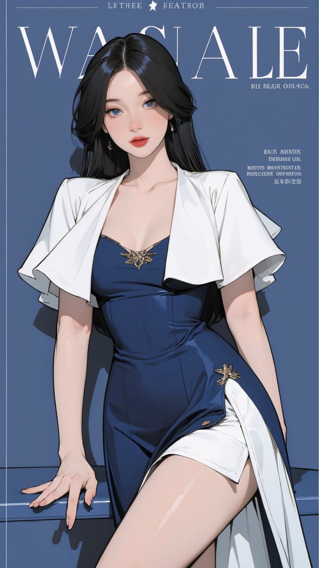 1girl, looking at viewer, thigh up body, stocking, earings, elegant and allure outfit, nsfw, blue background, hairstyle, styled clothes, cutout clothes, dynamic composition, ultra detailed, best quality, sharp focus, magazine cover, outline, 2D artstyle,aespakarina,htt