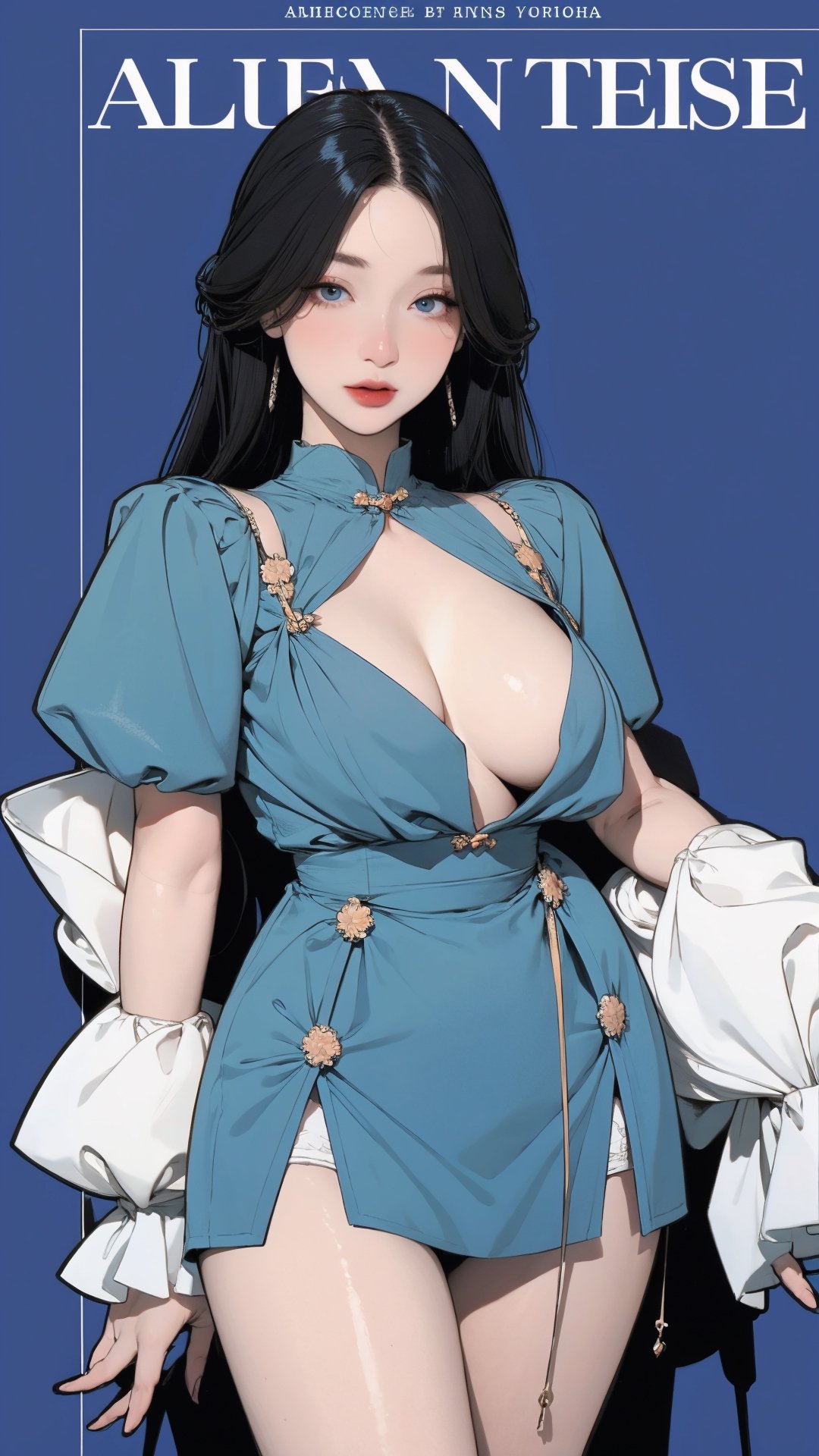 1girl, looking at viewer, thigh up body, stocking, earings, elegant, allure emotion, nsfw, blue background, hairstyle, styled clothes, cutout clothes, dynamic composition, ultra detailed, best quality, sharp focus, magazine cover, outline, 2D artstyle,aespakarina,htt