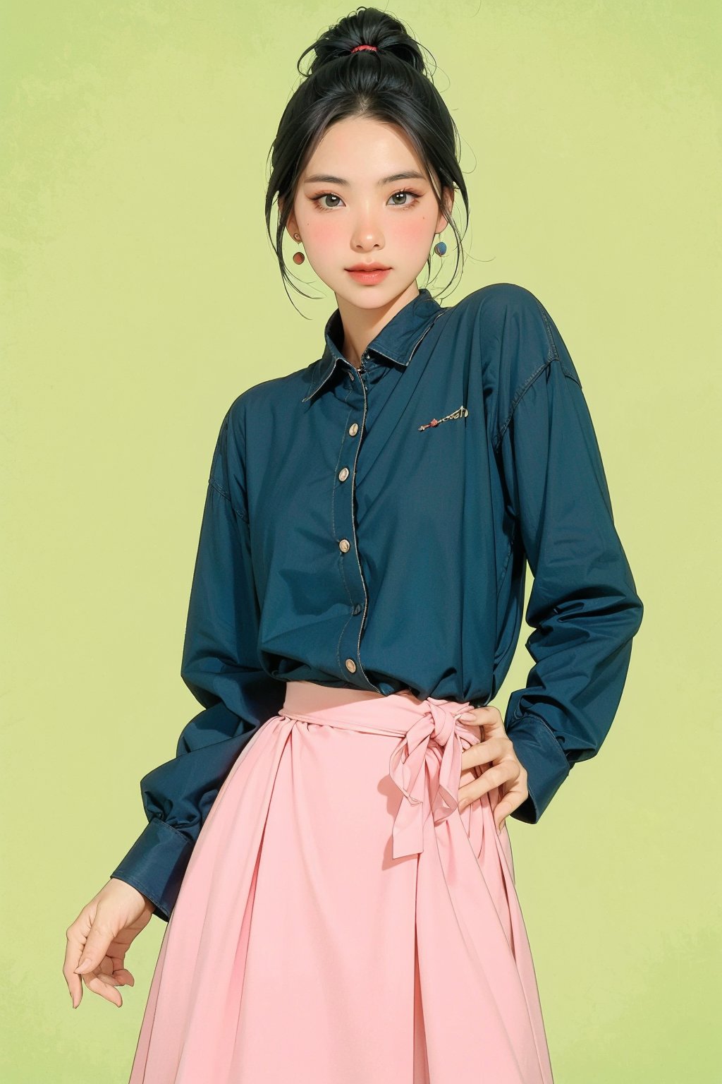 allure, sexy, 1girl, blush, hip up, styled shirt, skirt, detailed clothes, looking straight at viewer, earrings, simple background, green background, outline, johyun, QA