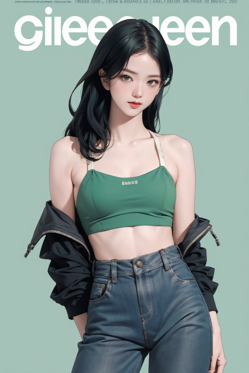 1girl, thigh up, looking at viewer, detailed clothes, bralette, accurate color reproduction, best quality, professionally color graded, artwork, blurring effect, professional lighting, sanatw, magazine cover, green background, jisoo,chimai