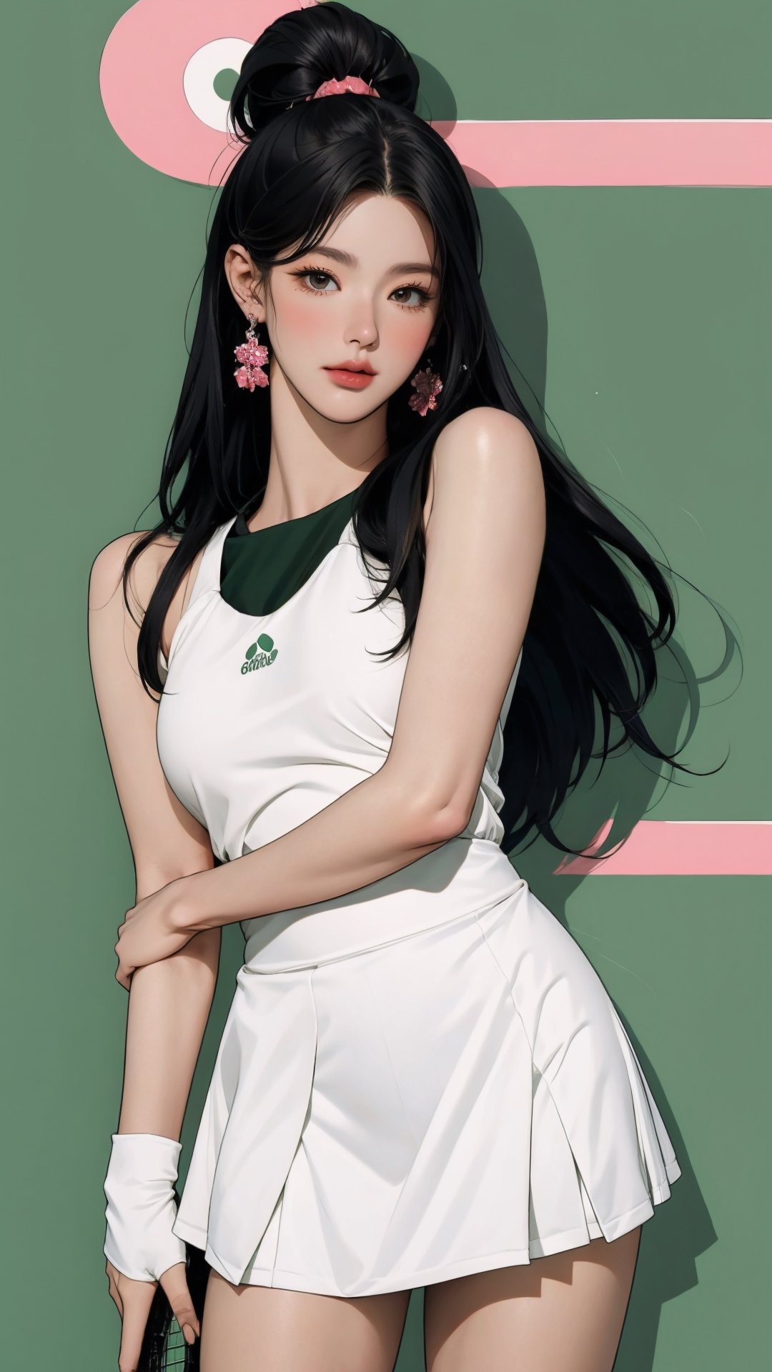 1girl, standing, thigh up body, ((looking at viewer, tennis girl outfit, center opening,)) 2D artstyle, magazine cover, outline, earings, blush, green background, hairstyle, ultra detailed, best quality, sharp focus, ,DiaSondef,sophiesw,Mia ,Anna ,miyeon