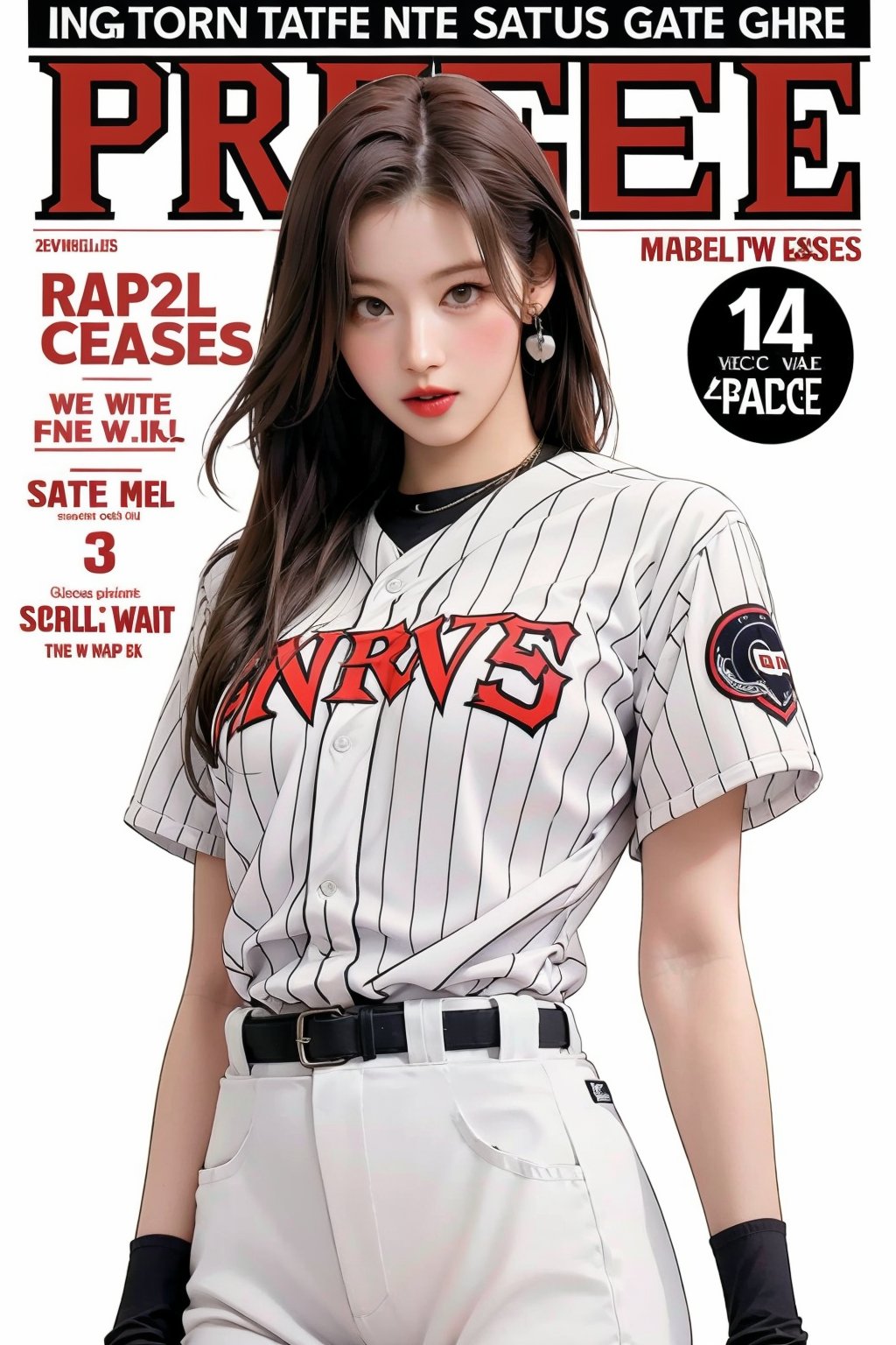 1girl, thigh up body, ((baseball girl outfit,)) long hair, looking at viewer, detailed clothes, earrings, sanatw, magazine cover, 