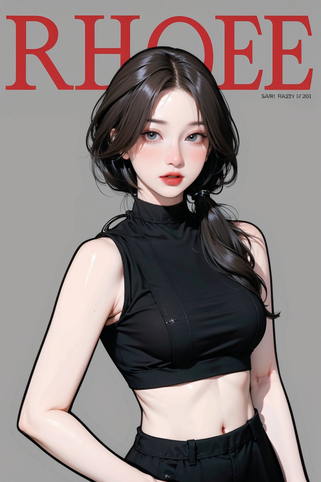 1girl, looking at viewer, styled clothes, turtle neck croptop, sleeveless, hairstyle, sharp focus, magazine cover, coloful background, 2D artstyle, outline, 

chimai,hine,hakil,yuong01,johyun