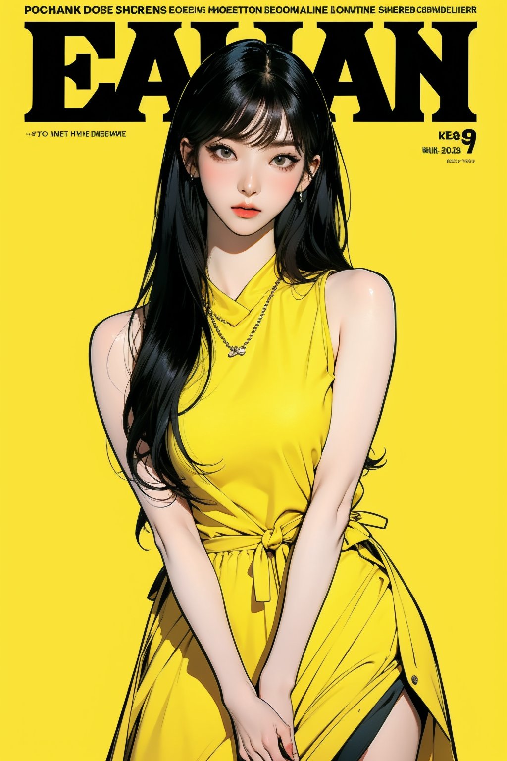 1girl, full body, detailed clothes, detailed face, kpop idol outfit, styled, medium hair, tied hair, looking at viewer, sharp focus, magazine cover, yellow background, ((outline,)) chimai, aespakarina,sanatw