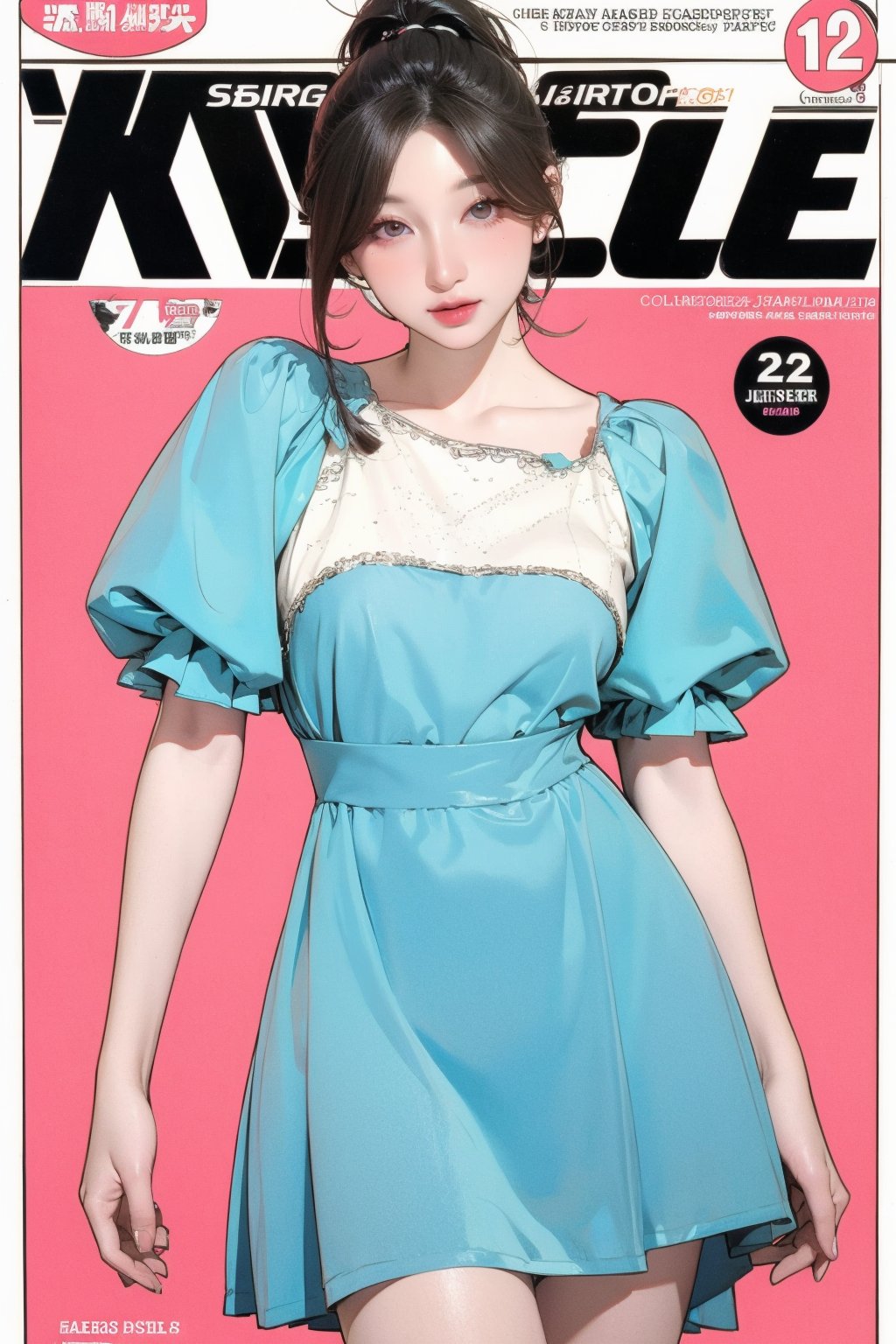 1girl, thigh up body, looking at viewer, styled clothes, sharp focus, magazine cover, coloful background, 2D artstyle, outline, 

chimai,hine,hakil,yuong01,johyun,sim,haohaoulz,kn,htt,minatw