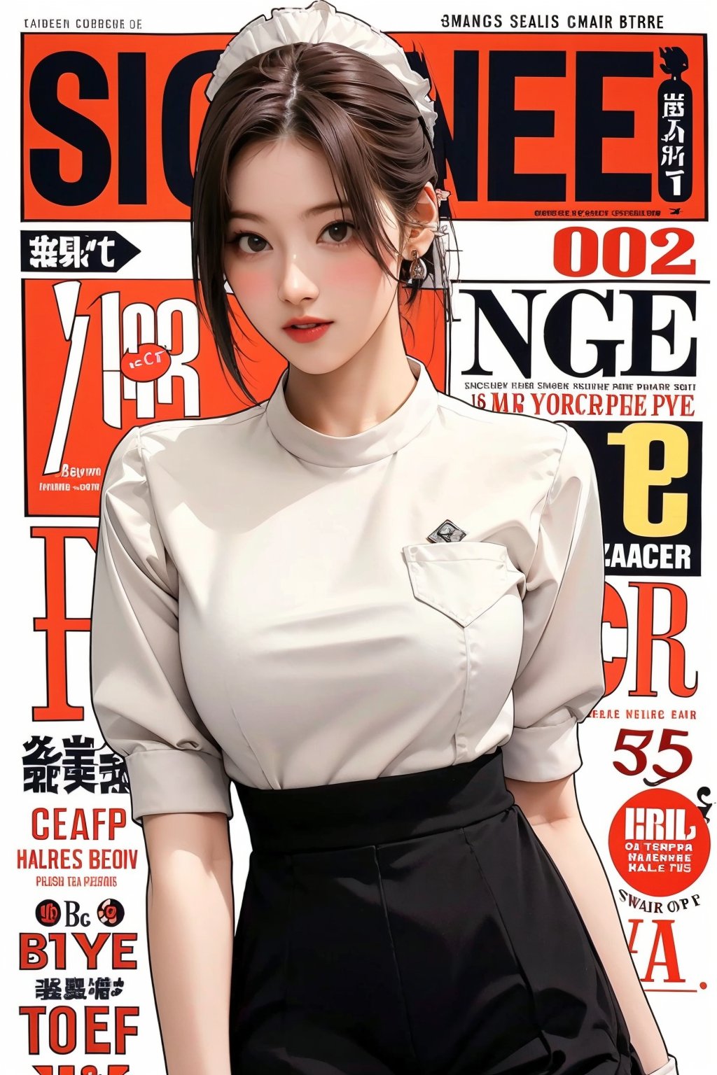 1girl, thigh up body, maid outfit, looking at viewer, detailed clothes, earrings, sanatw, magazine cover, 