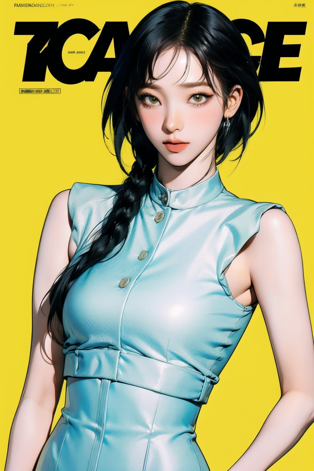 1girl, thigh up body, detailed clothes, kpop idol, short length hair, 2_braided_hair, blunt bangs, looking at viewer, sharp focus, magazine cover, yellow background, ((outline,)) chimai, aespakarina,sanatw