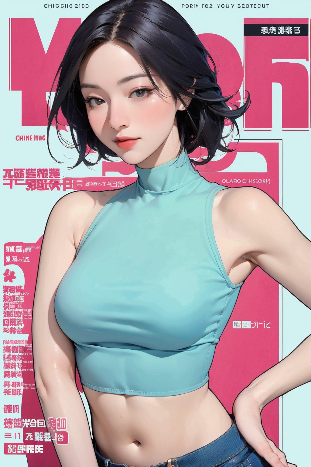 1girl, looking at viewer, styled clothes, turtle neck croptop, sleeveless, hairstyle, sharp focus, magazine cover, coloful background, 2D artstyle, outline, 

chimai,hine,hakil,yuong01,johyun