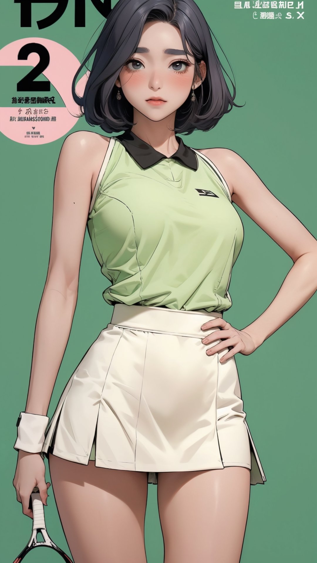 1girl, standing, thigh up body, ((looking at viewer, tennis girl outfit, center opening,)) 2D artstyle, magazine cover, outline, earings, blush, green background, hairstyle, ultra detailed, best quality, sharp focus, ,DiaSondef