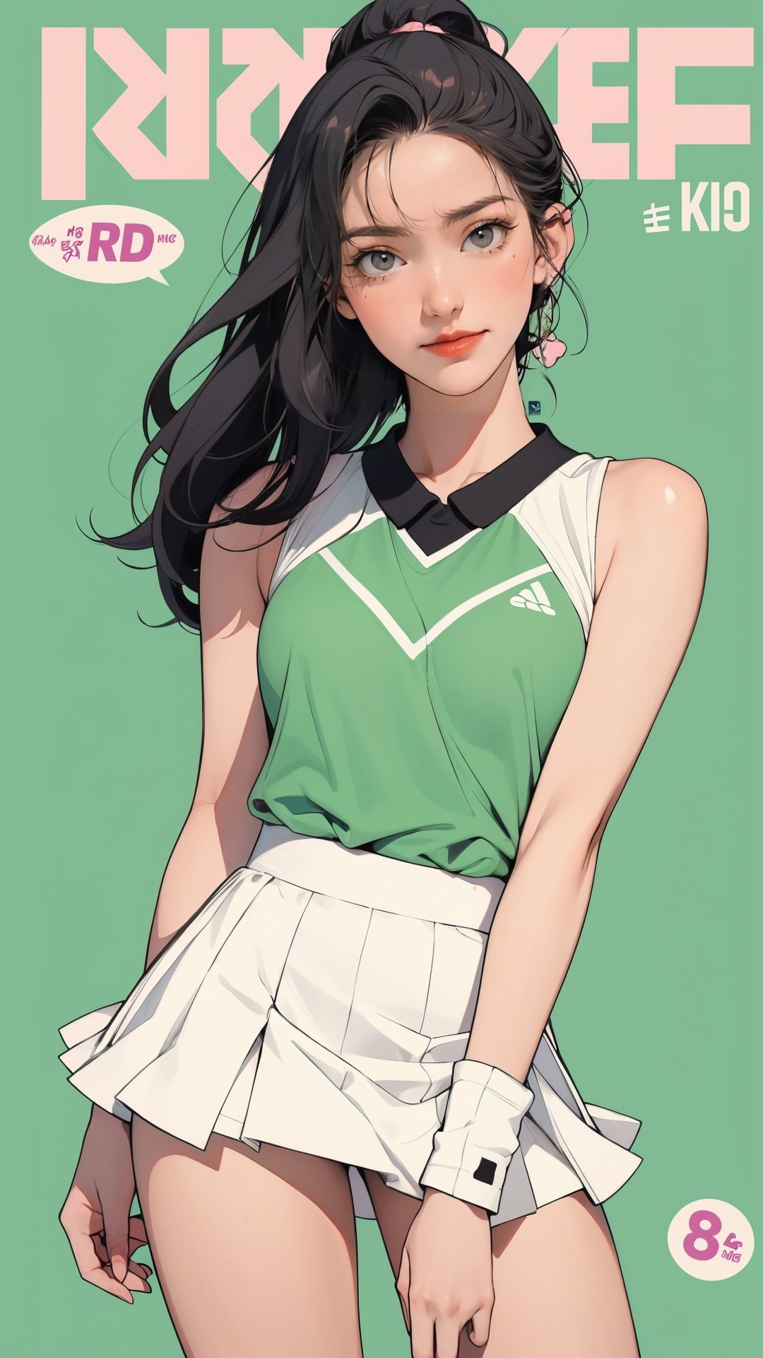 1girl, standing, thigh up body, ((looking at viewer, tennis girl outfit,)) 2D artstyle, magazine cover, outline, earings, blush, green background, hairstyle, ultra detailed, best quality, sharp focus,rosé,jisoo,shuhua,kn