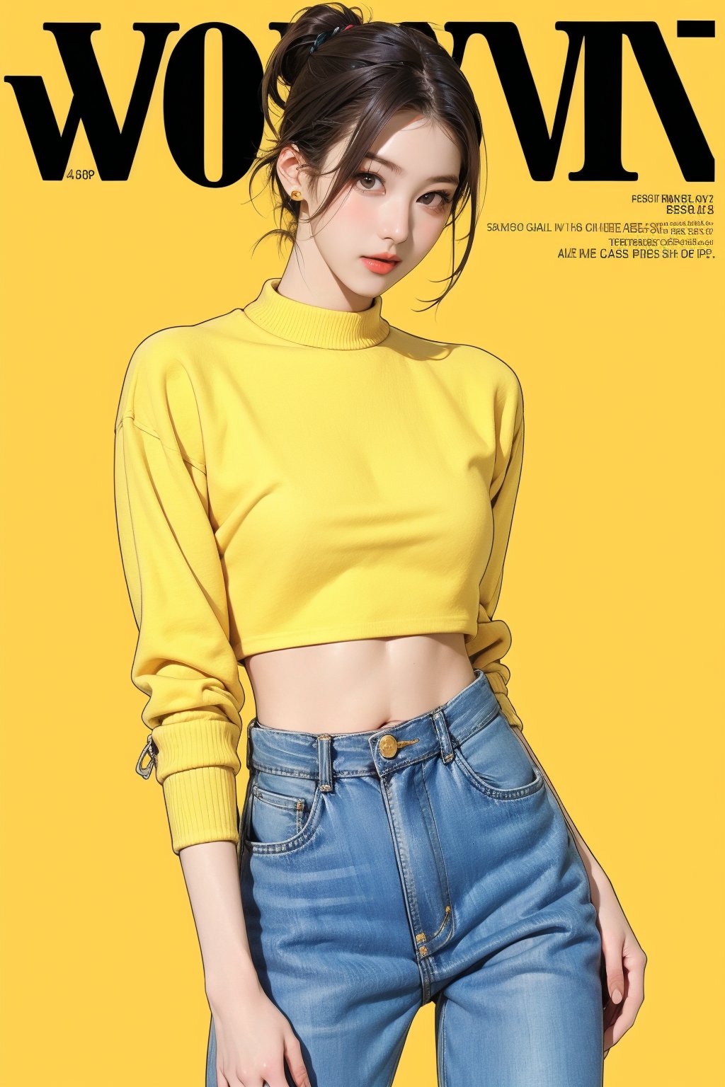 1girl, thigh up body, detailed clothes, kpop idol, hairstyle, croptop, boyfriend_jeans, looking at viewer, sharp focus, magazine cover, yellow background, ((outline,)) chimai, aespakarina,sanatw