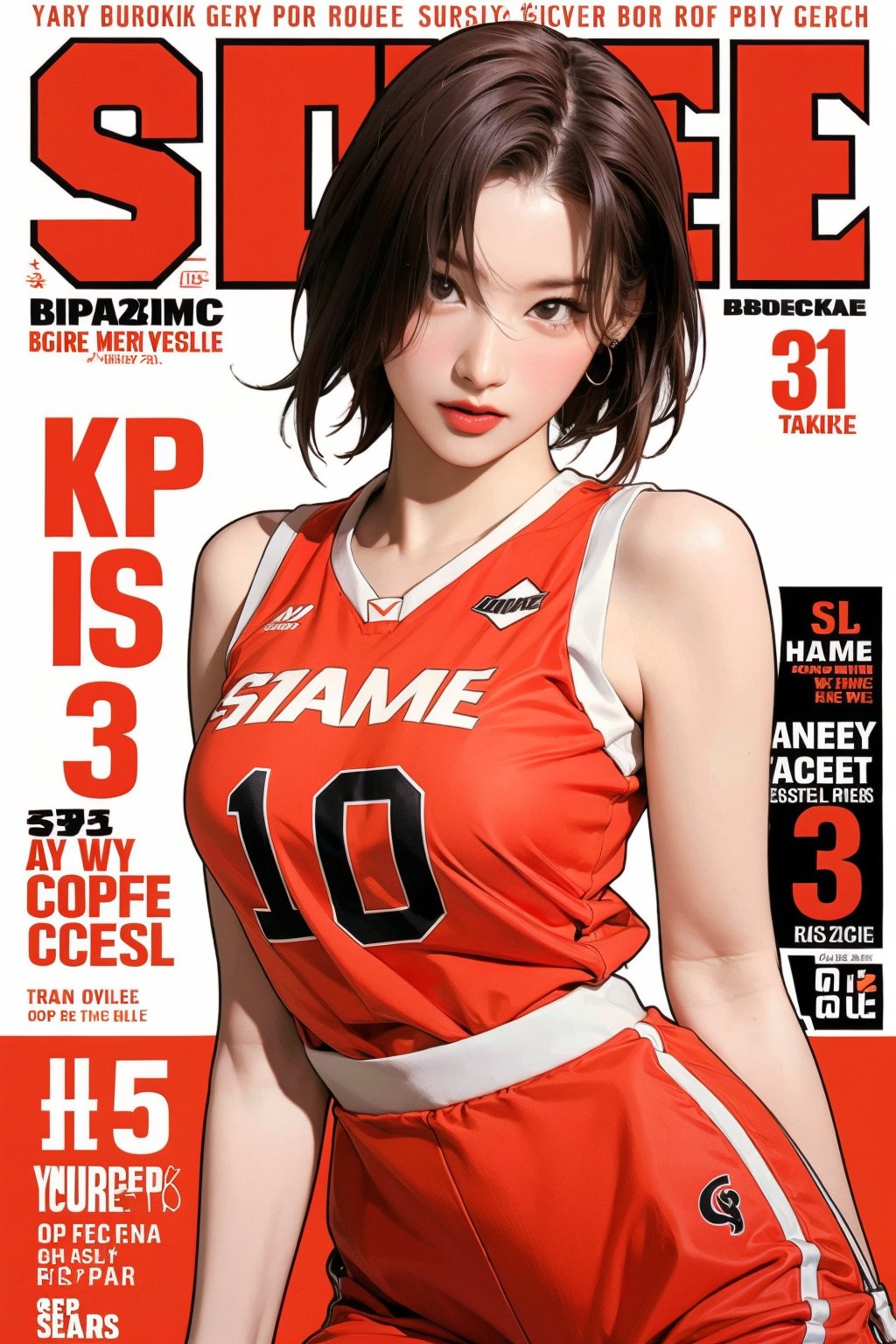 1girl, ((thigh up body,)) basketball girl outfit, looking at viewer, detailed clothes, earrings, sanatw, magazine cover, dynamic angle, dynamic posing,