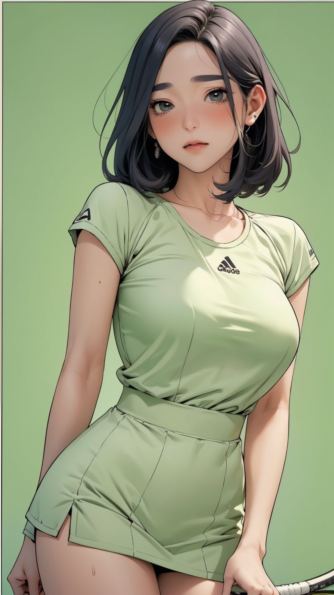 1girl, standing, thigh up body, ((looking at viewer, tennis girl outfit, center opening,)) 2D artstyle, magazine cover, outline, earings, blush, green background, hairstyle, ultra detailed, best quality, sharp focus, ,DiaSondef