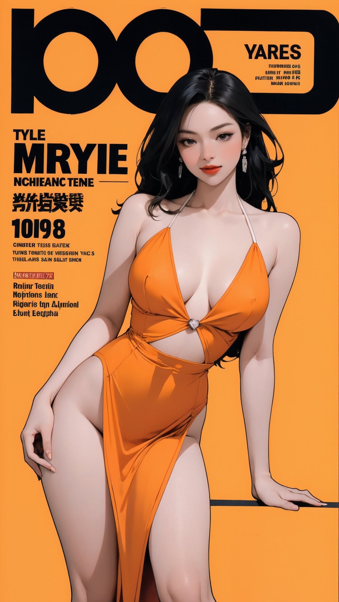 1girl, looking at viewer, thigh up body, stocking, earings, elegant, allure emotion, nsfw, orange background, hairstyle, styled clothes, cutout clothes, dynamic composition, ultra detailed, best quality, sharp focus, magazine cover, outline, 2D artstyle,aespakarina,htt,sim