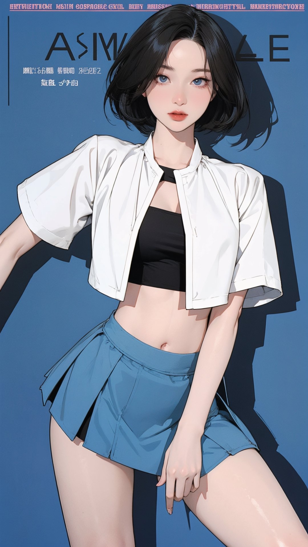 1girl, looking at viewer, thigh up body, midriff, beautiful and elegant, blue background, ((miniskirt, cutout clothing,)) hairstyle, dynamic composition, styled clothes,  ultra detailed, best quality, sharp focus, aespakarina, ((magazine cover, outline, 2.5D artstyle,)) kn,htt