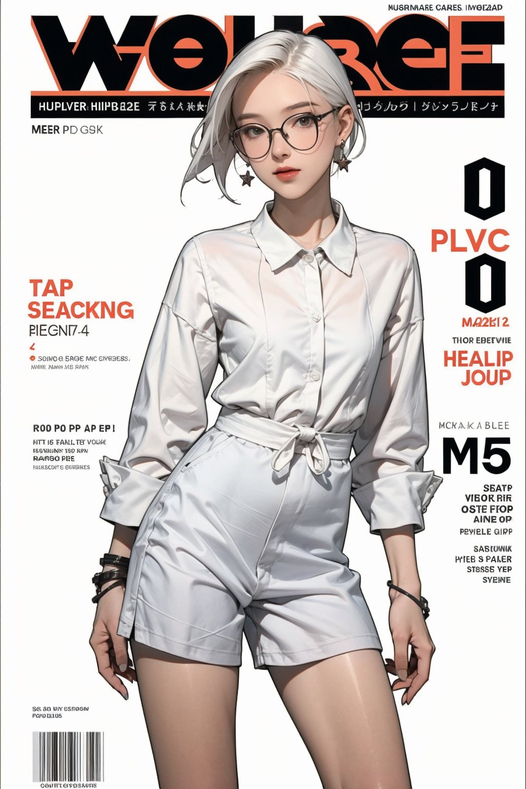 1girl, white hair, bracelets, ((thigh up body, standing,)) looking at viewer, hairstyle, earrings, intricate background, magazine cover, headphone, eyeglasses, mthanhh